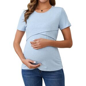 Ribbed Knit Short Sleeve Crossover Maternity Breastfeeding Top Sky Blue